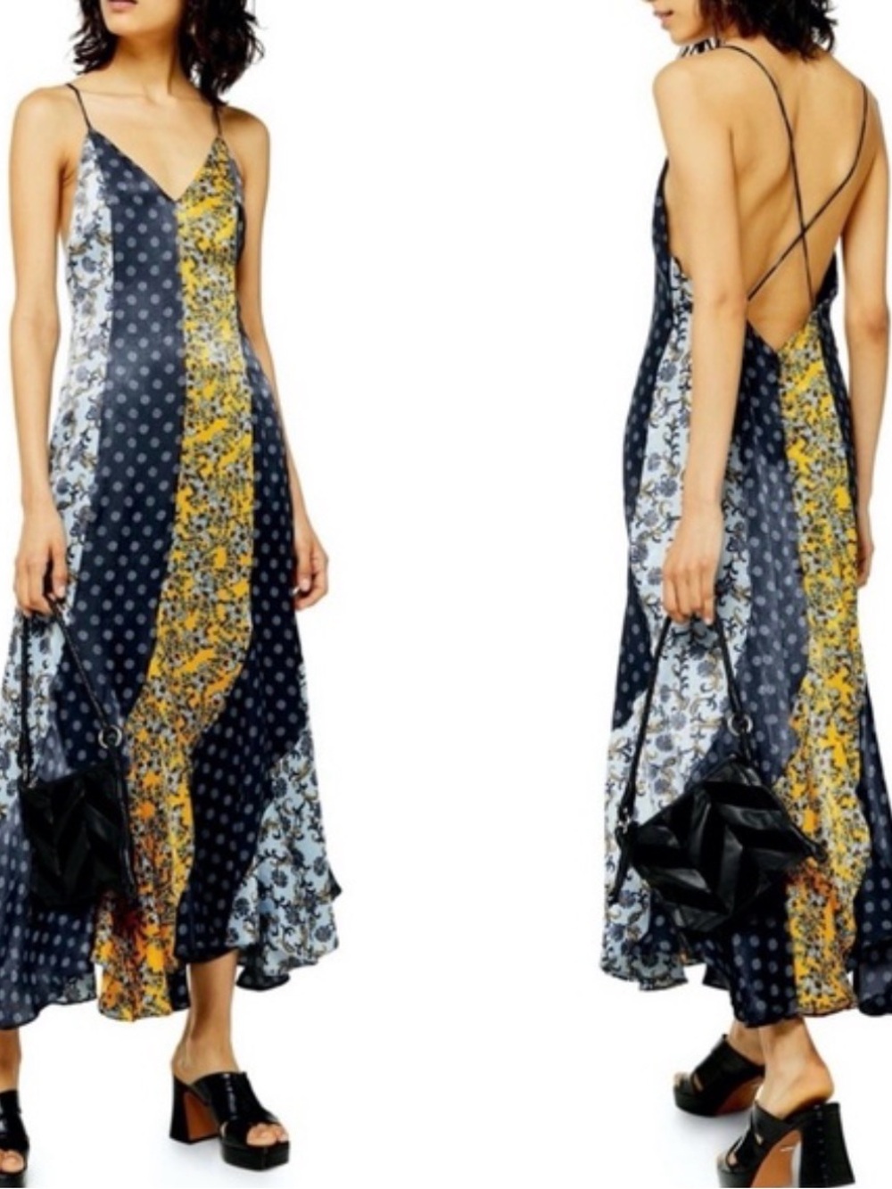 Topshop Navy and Yellow Patchwork Backless Slip Dress